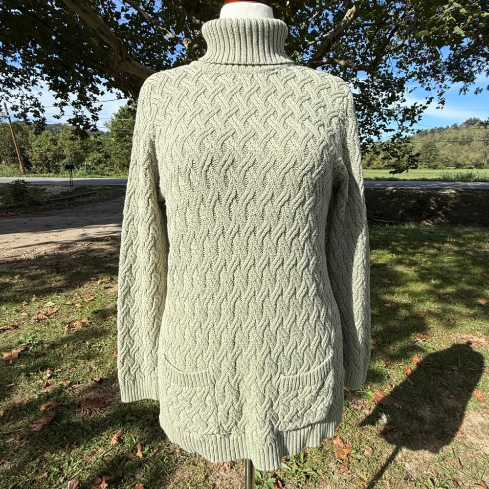 Jeanne Pierre Women XL Sage Green Cable Knit 100% Cotton Turtleneck Sweater